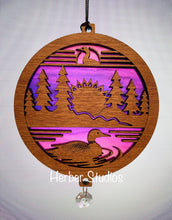 Load image into Gallery viewer, Loon Duck Forest Sunset Lake Suncatcher - Sapele Wood Acrylic Lo2