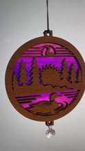Load and play video in Gallery viewer, Loon Duck Forest Sunset Lake Suncatcher - Sapele Wood Acrylic Lo2