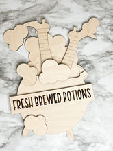 Load image into Gallery viewer, DIY Halloween Fresh Brewed Potions Witch Legs Cauldron Kettle Sign Door Hanger DIY Herber Studios