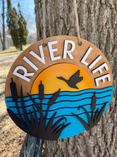 Load image into Gallery viewer, Cattails River Life Hand Painted Wood Sign Door Hanger Sunset Goose - Dark Background