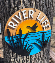 Load image into Gallery viewer, Cattails River Life Hand Painted Wood Sign Door Hanger Sunset Goose - Dark Background