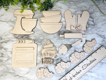Load image into Gallery viewer, Vintage Retro Kitchen Tier Tray Wood Blanks - Appliances - Stand Mixer - Stove - Baker Gonna Bake Cupcake - Whisk - Bowls - Cookies DIY Kit