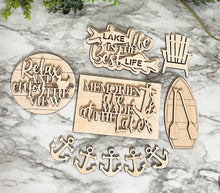 Load image into Gallery viewer, Lake Tier Tray Wood Blanks - Row Boat - Relax Sign - Anchors - Tiered Tray Decor - Lake Living - Wood Craft - Paint Set #2