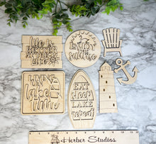 Load image into Gallery viewer, Lake Tier Tray Wood Blanks - Boat - Lighthouse - Lake Time Sign - Tiered Tray Decor - Lake Living - Adirondack Chair - Paint Set #3