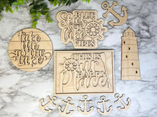 Load image into Gallery viewer, Lake Tier Tray Wood Blanks - Boat - Lighthouse - Lake Life - Tiered Tray Decor - Lake Vibes - This Is Our Happy Place Sign - Paint Set #5
