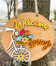 Load image into Gallery viewer, Welcome Spring Bicycle Flowers Wood Painted Sign 10.5&quot; - Door Hanger - Porch Decor
