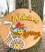 Load image into Gallery viewer, Welcome Spring Bicycle Flowers Wood Painted Sign 10.5&quot; - Door Hanger - Porch Decor
