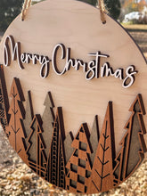 Load image into Gallery viewer, Mid Century Mod Style LIGHT Background Merry Christmas Wood Round Sign Layered Mahogany Maple Holiday Decor