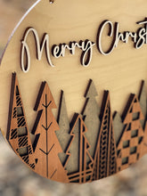 Load image into Gallery viewer, Mid Century Mod Style LIGHT Background Merry Christmas Wood Round Sign Layered Mahogany Maple Holiday Decor