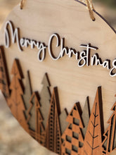 Load image into Gallery viewer, Mid Century Mod Style LIGHT Background Merry Christmas Wood Round Sign Layered Mahogany Maple Holiday Decor