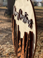 Load image into Gallery viewer, Mid Century Mod Style LIGHT Background Merry Christmas Wood Round Sign Layered Mahogany Maple Holiday Decor