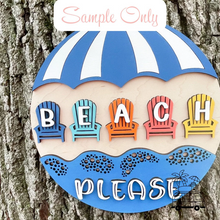 Load image into Gallery viewer, Beach Please Sign WOOD BLANKS Door Hanger Ocean Lake Umbrella Adirondack Chair