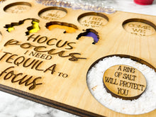 Load image into Gallery viewer, Hocus Pocus I Need Tequila To Focus Flight Board, Barware, Halloween, Witch, Alcohol, Drinks, Shots