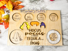 Load image into Gallery viewer, Hocus Pocus I Need Tequila To Focus Flight Board, Barware, Halloween, Witch, Alcohol, Drinks, Shots