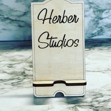 Load image into Gallery viewer, Personalized Cell Phone Stand - Choice of Stain Color ~ Holder Wood Engraved Office Home Work Business Promo