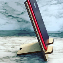 Load image into Gallery viewer, Personalized Cell Phone Stand - Choice of Stain Color ~ Holder Wood Engraved Office Home Work Business Promo