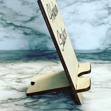 Load image into Gallery viewer, Personalized Cell Phone Stand - Choice of Stain Color ~ Holder Wood Engraved Office Home Work Business Promo