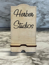Load image into Gallery viewer, Personalized Cell Phone Stand - Choice of Stain Color ~ Holder Wood Engraved Office Home Work Business Promo