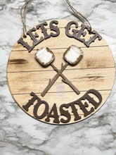 Load image into Gallery viewer, Let&#39;s Get Toasted - Smores Sign Marshmallow Camping Fire Outdoor Door Hanger Summer Wood 3D
