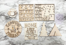 Load image into Gallery viewer, Camp Tier Tray DIY Wood Kit - Camping Woods Fire RV Smores Kitchen Decor - Tiered Signs - Wood Craft - Completed Set Sample Pic Shown