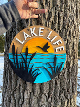 Load image into Gallery viewer, Cattails Lake Life Hand Painted Wood Sign Door Hanger Sunset Goose