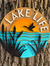 Load image into Gallery viewer, Cattails Lake Life Hand Painted Wood Sign Door Hanger Sunset Goose