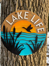 Load image into Gallery viewer, Cattails Lake Life Hand Painted Wood Sign Door Hanger Sunset Goose