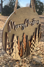 Load image into Gallery viewer, Mid Century Mod Style DARK Background Merry Christmas Wood Round Sign Layered Mahogany Maple Holiday Decor
