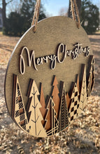 Load image into Gallery viewer, Mid Century Mod Style DARK Background Merry Christmas Wood Round Sign Layered Mahogany Maple Holiday Decor
