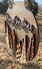 Load image into Gallery viewer, Mid Century Mod Style DARK Background Merry Christmas Wood Round Sign Layered Mahogany Maple Holiday Decor