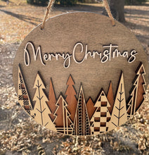 Load image into Gallery viewer, Mid Century Mod Style DARK Background Merry Christmas Wood Round Sign Layered Mahogany Maple Holiday Decor