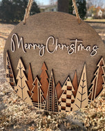 Mid Century Mod Style DARK Background Merry Christmas Wood Round Sign Layered Mahogany Maple Holiday Decor