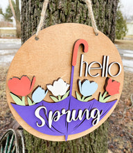 Load image into Gallery viewer, Hello Spring Umbrella Flowers Wood Painted Sign 10.5&quot; - Door Hanger - Porch Decor - Purple Flamingo Pink
