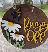 Load image into Gallery viewer, Buzz Off Bee Daisy Summer Sign Door Hanger - Walnut Background

