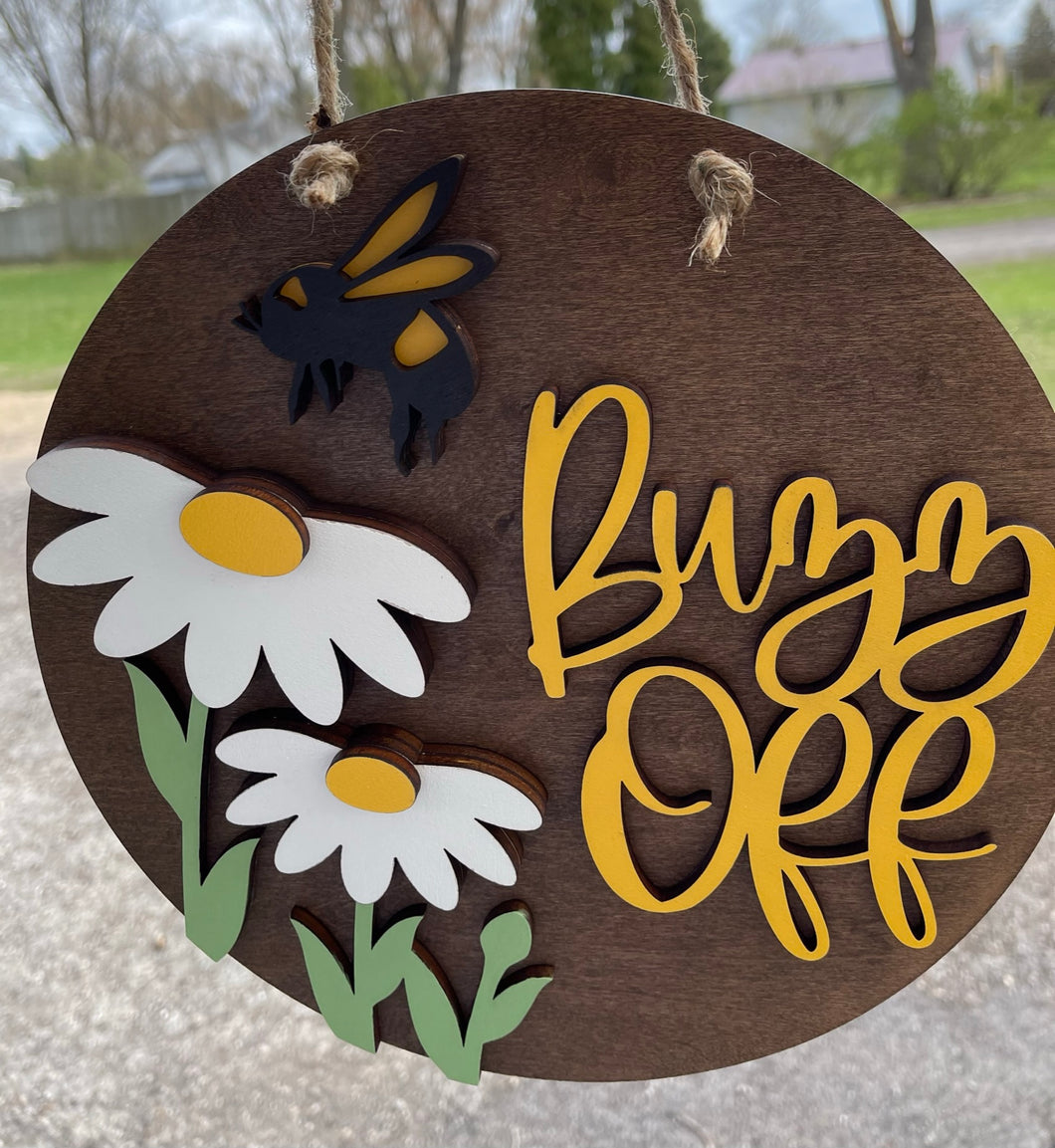 Buzz Off Bee Daisy Summer Sign Door Hanger - Walnut Background