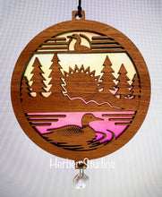 Load image into Gallery viewer, Loon Duck Forest Sunrise Lake Suncatcher - Sapele Wood Acrylic Lo1

