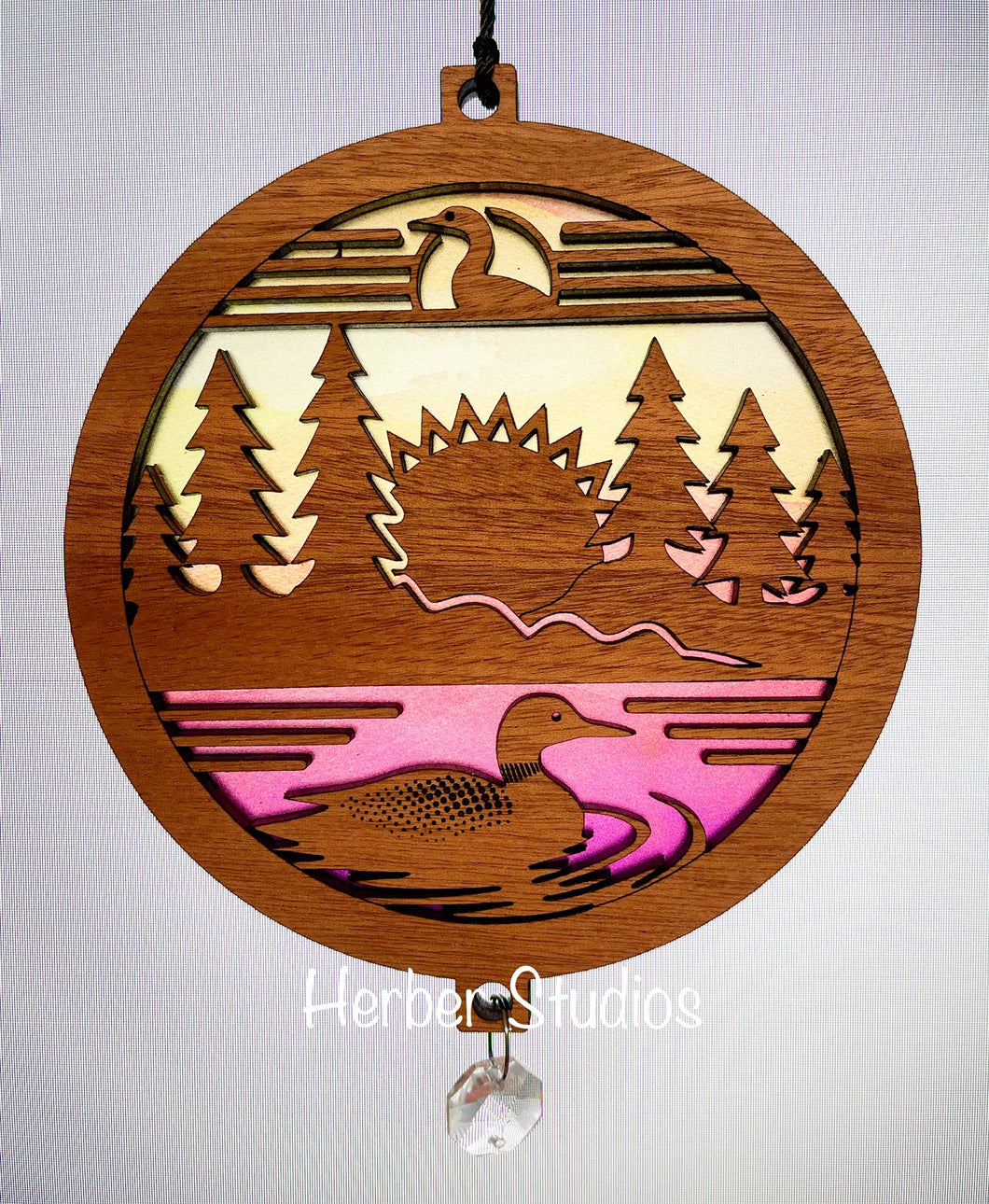 Loon Duck Forest Sunrise Lake Suncatcher - Sapele Wood Acrylic Lo1