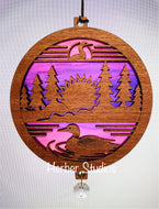 Loon Duck Forest Sunset Lake Suncatcher - Sapele Wood Acrylic Lo2