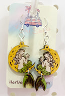 Mermaid Earrings Hand Painted Wood