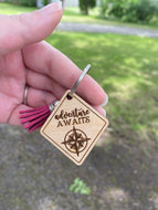Keychain - Adventure Awaits - Compass Travel Explore Adventure Woods Mountains
