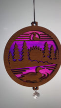 Load and play video in Gallery viewer, Loon Duck Forest Sunset Lake Suncatcher - Sapele Wood Acrylic Lo2
