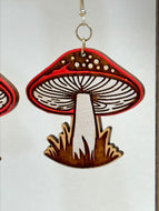 Red Cap Mushroom Engraved Wood Earrings Drop Dangle Gloss Details Cottagecore Boho