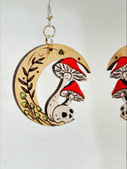 Mushroom Skull Forest Wood Earrings Drop Dangle Ren Fair
