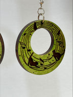 Music Cat Engraved Round Wood Earrings Drop Dangle - Lime Green or Light Pink Option