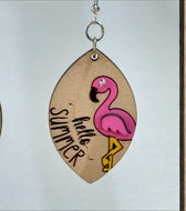 Flamingo Hello Summer Wood Earrings Drop Dangle 3D Wing and Gem Eye