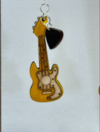 Guitar with Pick Wood Earrings Drop Dangle Gloss Detail - Yellow or Red - Music Musician Grunge