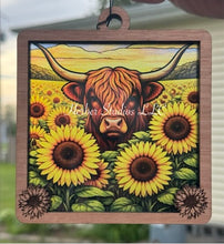 Load image into Gallery viewer, Sunflower Highland Cow Sun Catcher Suncatcher
