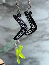Load image into Gallery viewer, Flying Fuck Earrings ~ Adult ~ Acrylic or Wood ~ Boomerang Dangle Curse Swear F*ck
