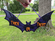 Load image into Gallery viewer, Halloween Bat Trick or Treat Sign Home Decor Glitter
