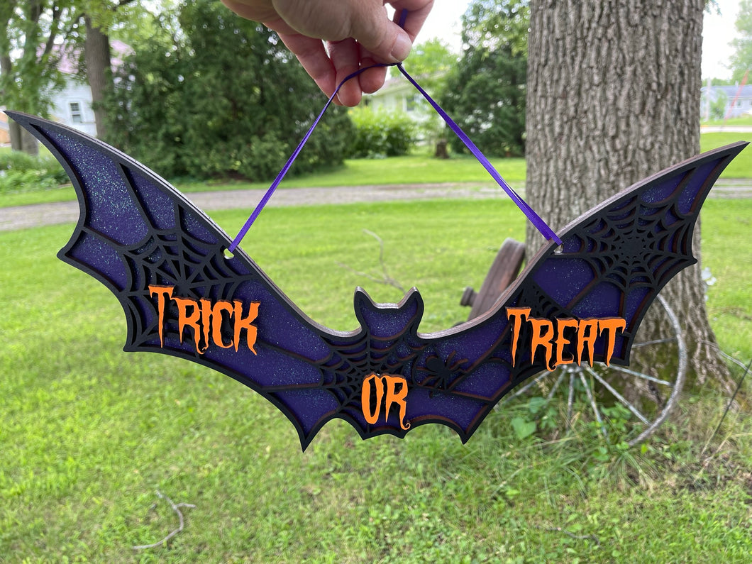 Halloween Bat Trick or Treat Sign Home Decor Glitter